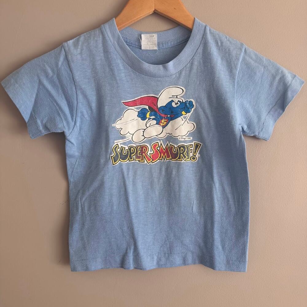 Vintage 80s Smurfs Super Smurf Blue T Shirt 1982 Youth Kids 7